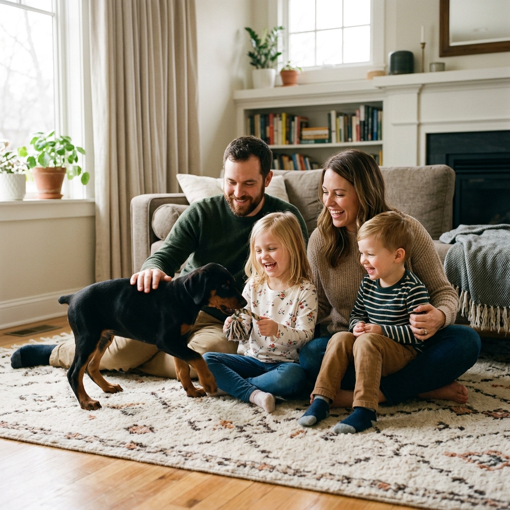 Family playing with Doberman Puppy